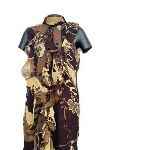 Escada Green and Brown Fauna Print Plisse Silk Ruffled Halter Maxi Dress 38 US 8 - Picture 4 of 12